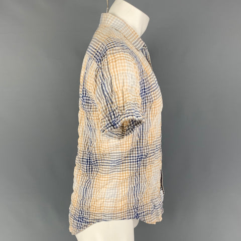 RAG & BONE Size L Navy Beige Checkered Cotton Short Sleeve Shirt
