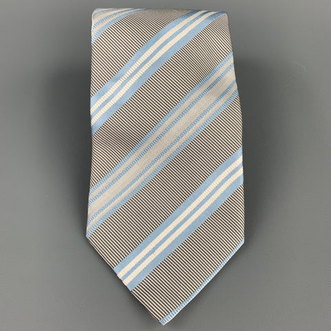 ERMENEGILDO ZEGNA Gray & Light Blue Diagonal Stripe Silk / Cotton Tie