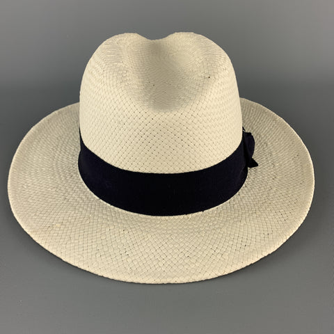 SAKS FIFTH AVENUE Cream Woven Straw Navy Stripe Fedora