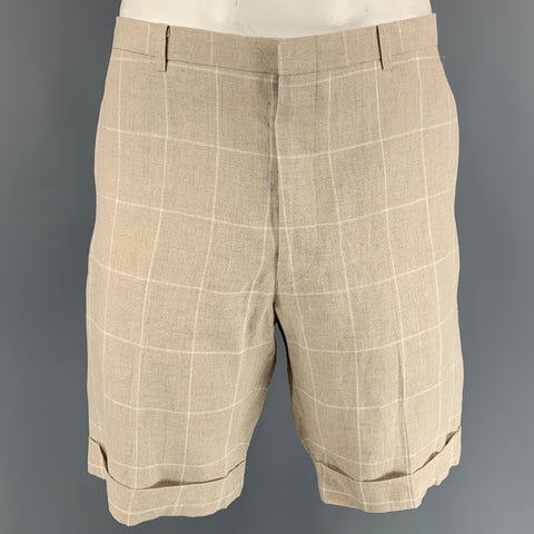 KENNETH FIELD Taille 34 Short à revers en lin beige et crème à carreaux de fenêtre