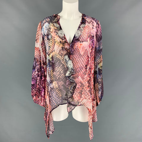 VANITA ROSA Talla L Blusa Volantes Seda Multicolor Morado Estampado piel de serpiente
