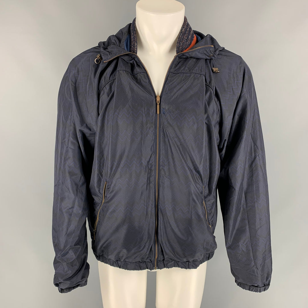 MISSONI Size XL Multi-Color Zig Zag Cotton Blend Hooded Reversible Jacket