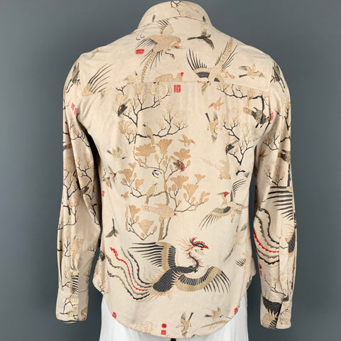 JUST CAVALLI Size L Beige & Gold Print Polyethylene Button Up Long Sleeve Shirt