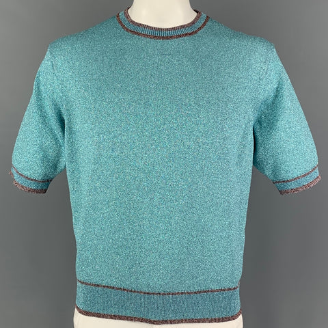 MARC JACOBS Size XL Blue Metallic Viscose Blend Short Sleeve Pullover