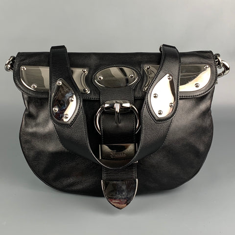 Bolso de hombro GUCCI de cuero negro y plateado