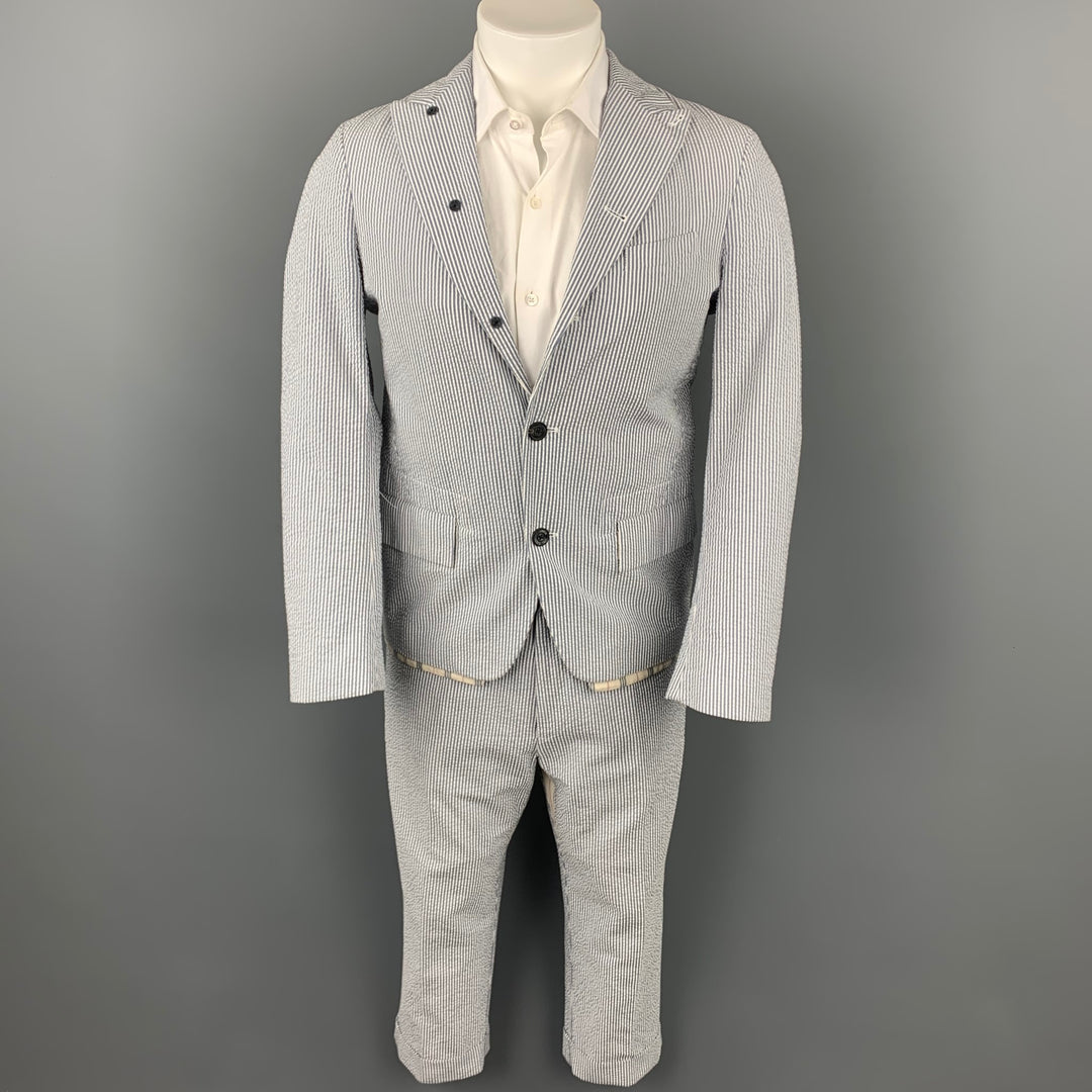 WOOSTER + LARDINI Size 38 Blue & White Seersucker Cotton Cropped Peak Lapel Suit