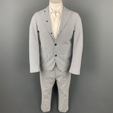 WOOSTER + LARDINI Size 38 Blue & White Seersucker Cotton Cropped Peak Lapel Suit