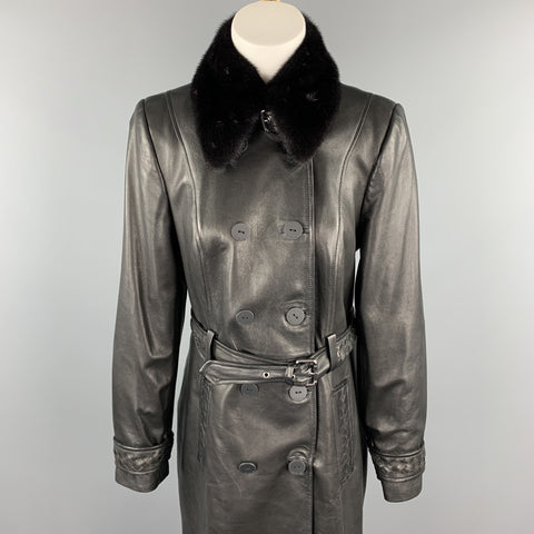 GIZIA Size 4 Black Leather Fur Collar Double Breasted Coat