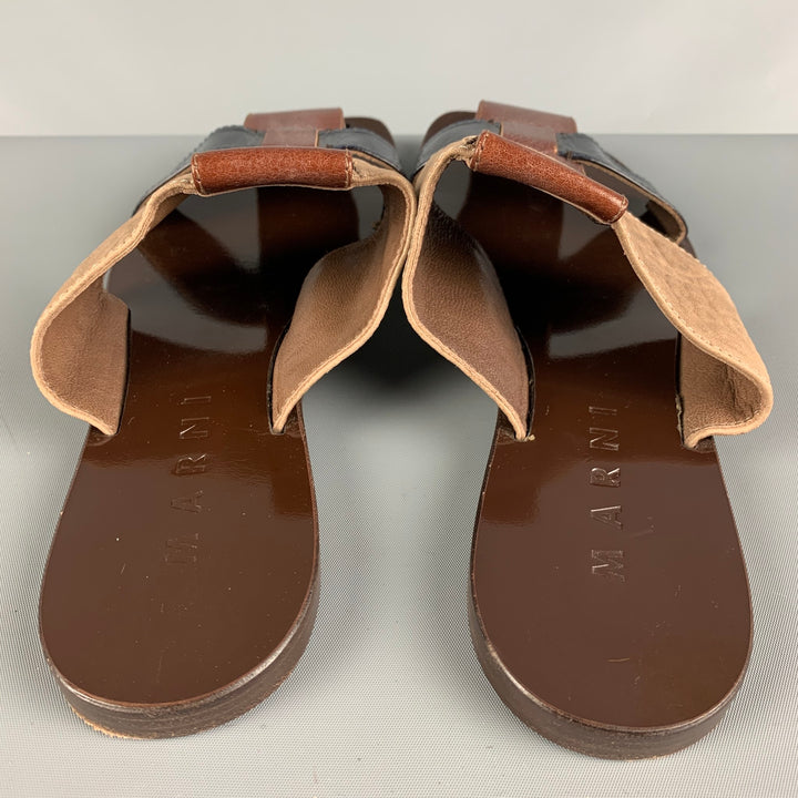 MARNI Size 8.5 Brown & Taupe Leather Flat Sandals