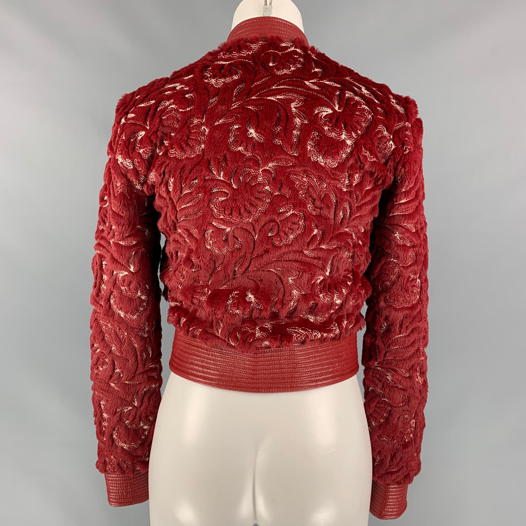 LA PERLA Size 0 Red & White Faux Fur Polyester / Cotton Embroidered Bomber Jacket