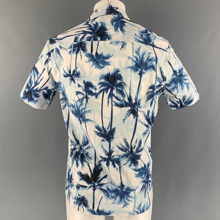 SAINT LAURENT Size M Blue White Palms Cotton Camp Short Sleeve Shirt