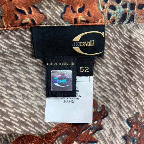 JUST CAVALLI Size L Copper & Brown Print Silk Button Up Long Sleeve Shirt