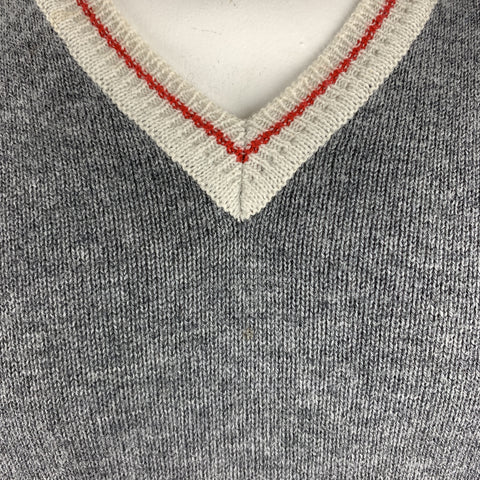 PRADA Taille L Gris Laine Col V Beige Garniture Coude Patch Pull Pull