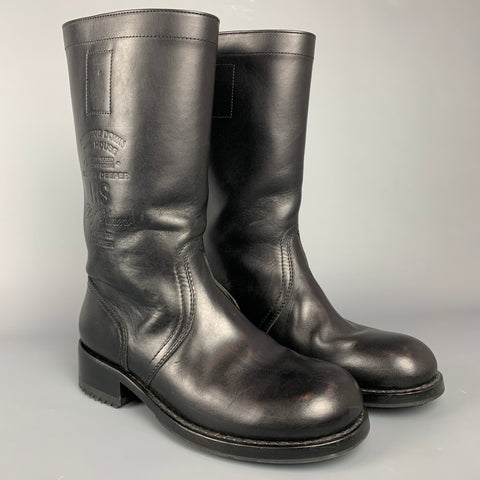 RAF SIMONS A/W 19 Size 10 Black Debossed Logo Leather Pull On Boots