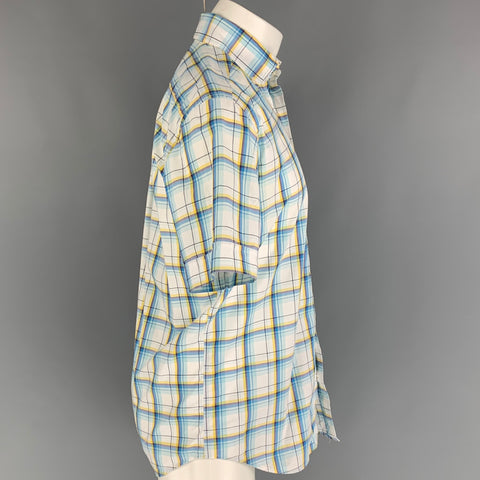 CAFE COTON Size M White Blue Yellow Plaid Cotton Short Sleeve Shirt