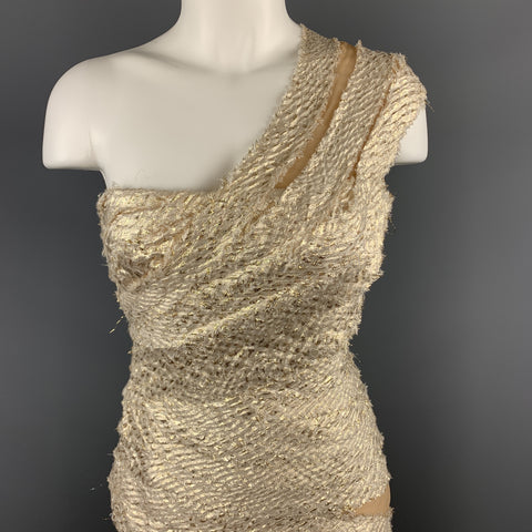 REEM ACRA Size 2 Metallic Gold & Silver Layered Jacquard One Shoulder Cocktail Dress
