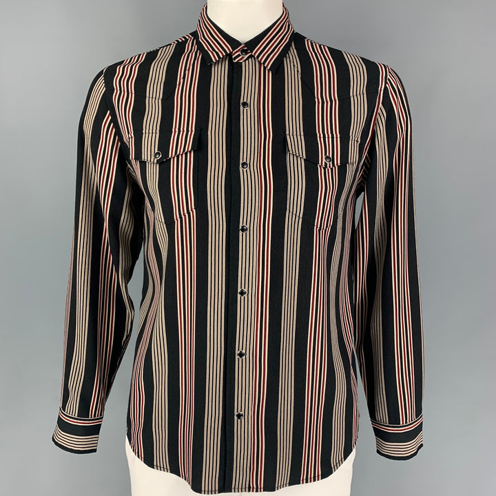 SHADES OF GREIGE Size M Black Red Stripe Polyester Snaps Long Sleeve Shirt