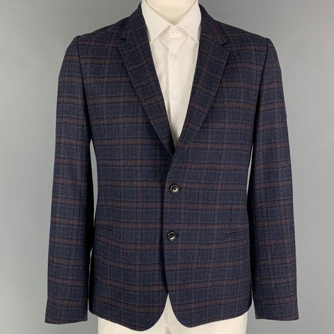 PAUL SMITH Talla 44 Abrigo deportivo de lana a cuadros color burdeos azul marino con un solo pecho