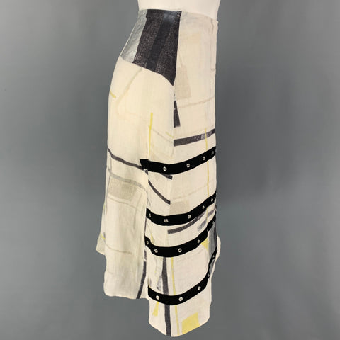 HUGO by HUGO BOSS Size 2 White Black Yellow Linen Ribbon A-Line Below Knee Skirt
