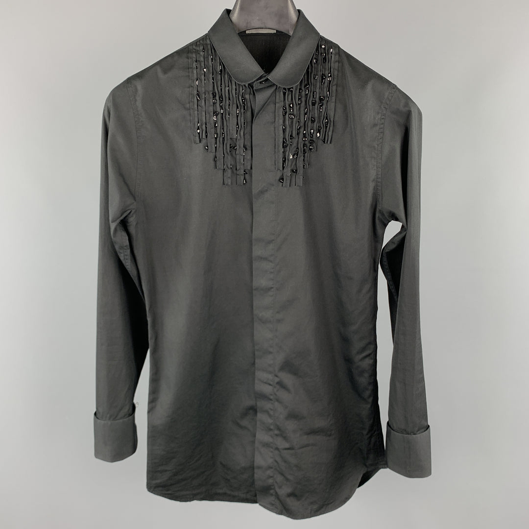 DIOR HOMME Size XS Black Beaded Cotton Hidden Buttons Long Sleeve Shirt