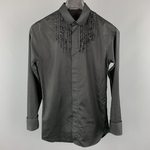 DIOR HOMME Taille XS Chemise à manches longues en coton perlé noir avec boutons cachés