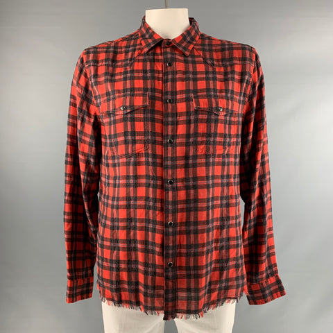 FRAME Size XXL Red Black Plaid Polyester / Cotton Western Long Sleeve Shirt