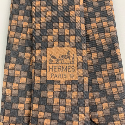 HERMES 398 EA Corbata de seda a cuadros marrón y negra