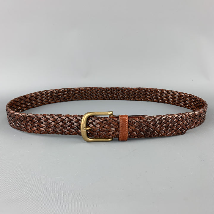 J & C Size 34 Woven Brown Leather Brass Buckle Belt