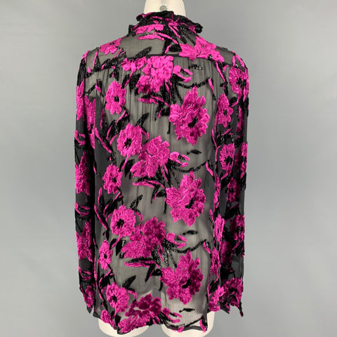 PREEN Size S Fuchsia Black Viscose Blend Floral Long Sleeve Blouse