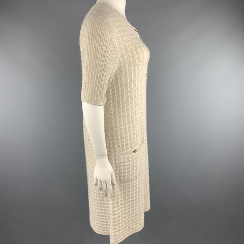 CHANEL Talla 10 Vestido de manga corta de punto con brillo metálico color crema y dorado