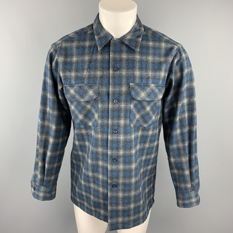 PENDLETON Size S Navy & Gray Plaid Virgin Wool Button Up Long Sleeve Shirt