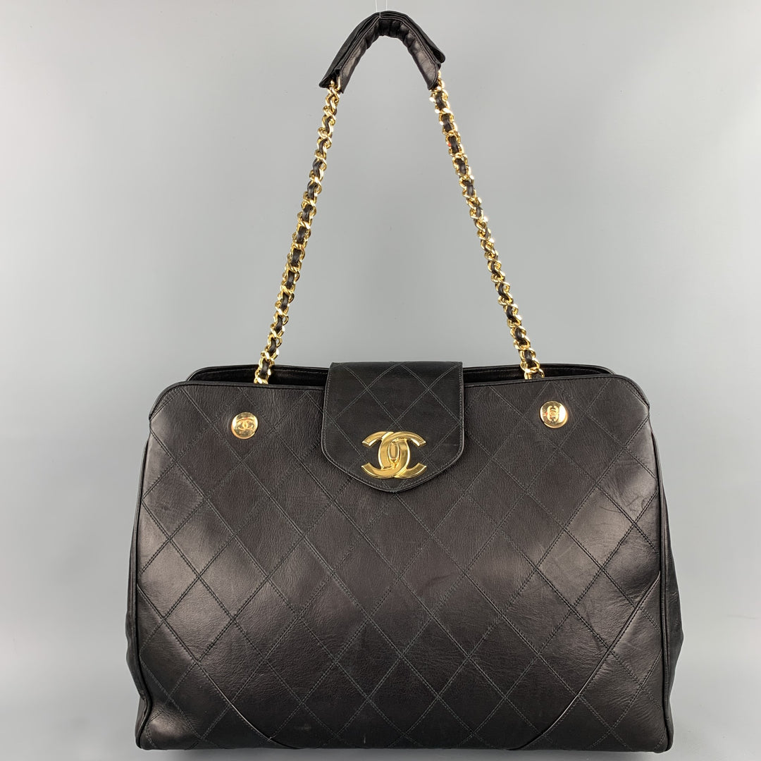 Vintage CHANEL Supermodel Jumbo XL Bag Black Quilted Leather Shoulder Handbag