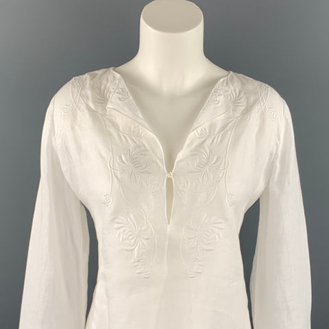 RALPH LAUREN Black Label Size 8 White Embroidered Linen Tunic Blouse