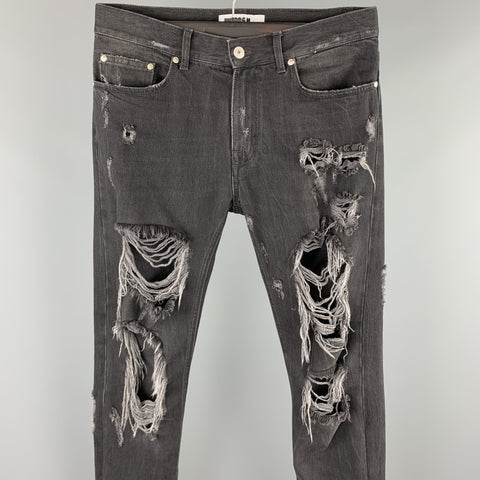 MSGM Size 30 Black Distressed Denim Zip Fly Jeans