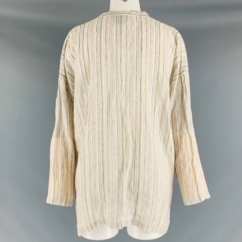 ESKANDAR Size 0 White Blue Linen Stripe Long placket Casual Top