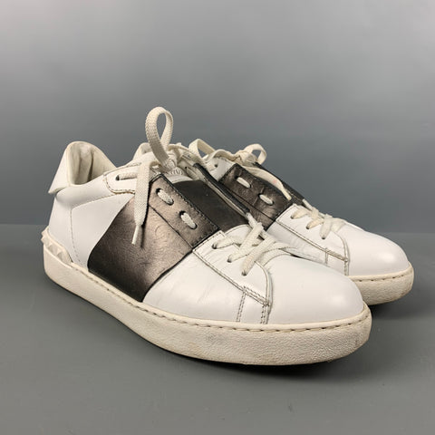 VALENTINO 'White Marine' Size 7 White Gold Studded Suede Sneakers