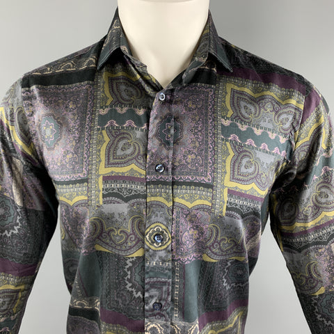 ETRO Size S Grey & Purple Print Cotton Button Up Long Sleeve Shirt