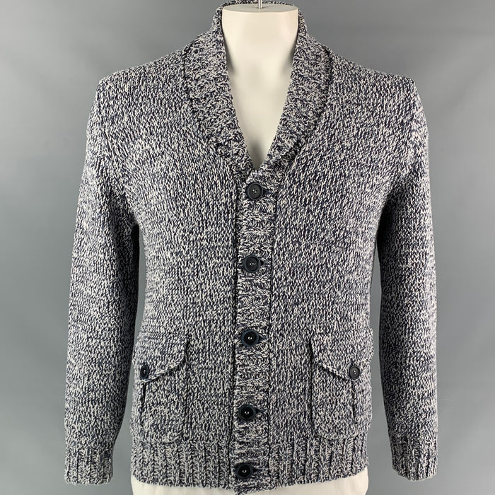 BRUNELLO CUCINELLI Size 42 Navy & Light Grey Heather Cotton / Acrylic Shawl Collar Jacket