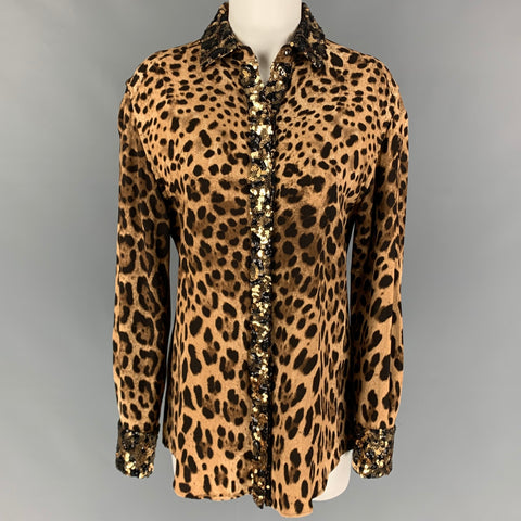 DOLCE & GABBANA Size S Tan Brown Viscose Blend Animal Print Hidden Placket Shirt