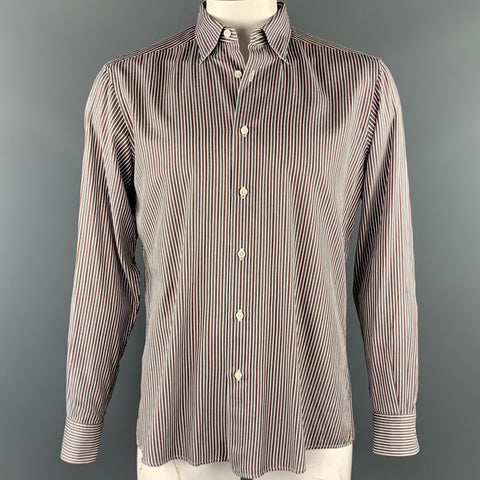 ERMENEGILDO ZEGNA Size L Grey & Brown Stripe Cotton Button Up Long Sleeve Shirt