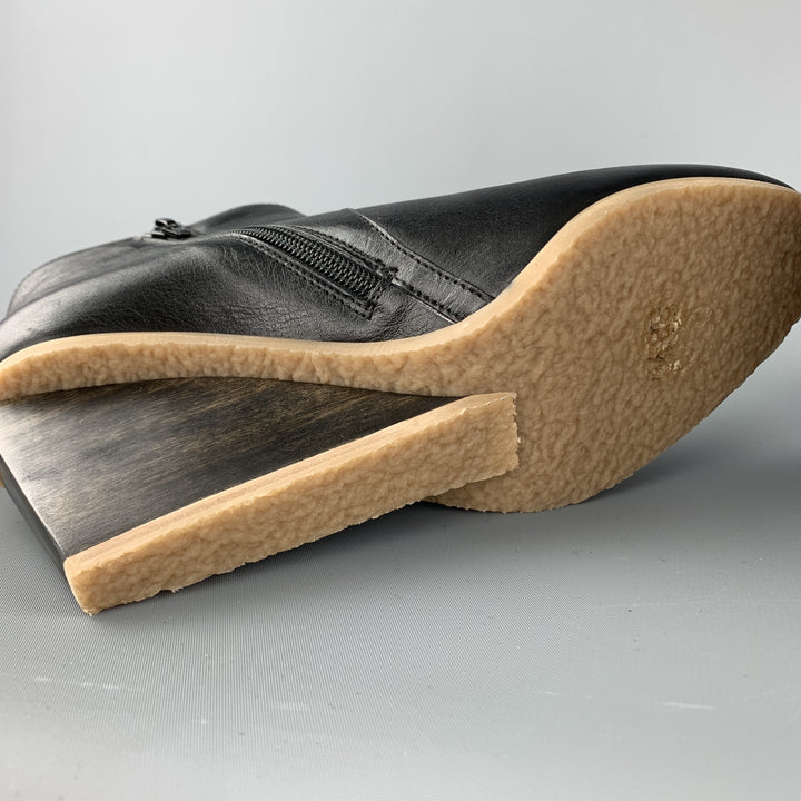 ELLEN VERBEEK Size 8.5 Black Leather Rubber & Wood Wedge Sole Ankle Boots