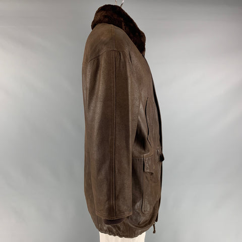BYBLOS Size 46 Brown Solid Leather Zip & Snaps Jacket