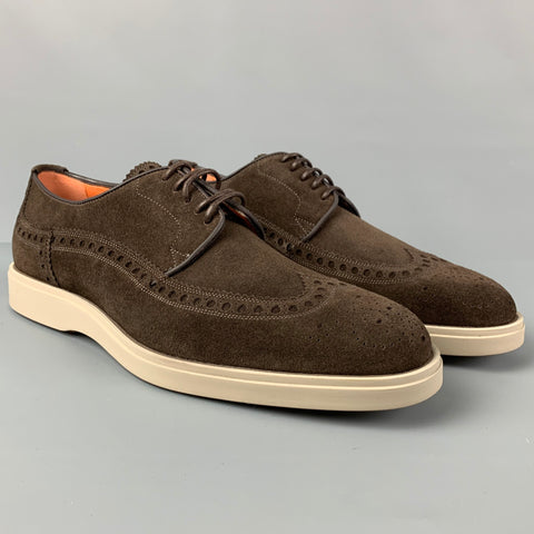 SANTONI Taille 9 Chaussures à lacets en cuir perforé marron à manches ailées