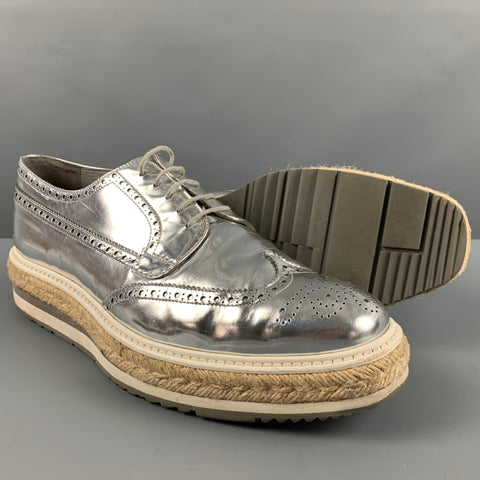 PRADA Size 10 Silver Perforated Leather Platform Lace-Up Shoes