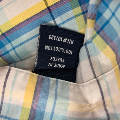 CAFE COTON Size M White Blue Yellow Plaid Cotton Short Sleeve Shirt