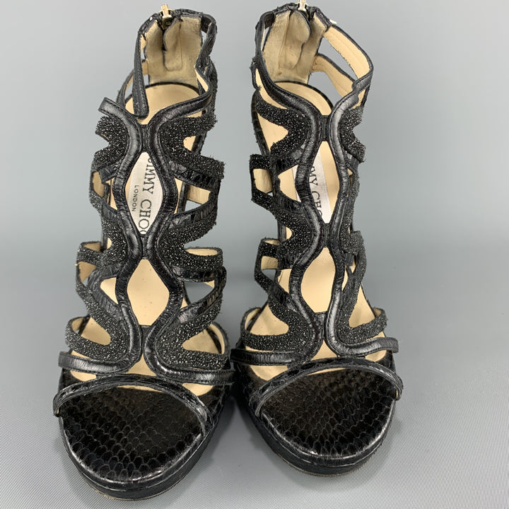 JIMMY CHOO Size 7 Black Snake Skin & Glitter Leather Strappy Sandals