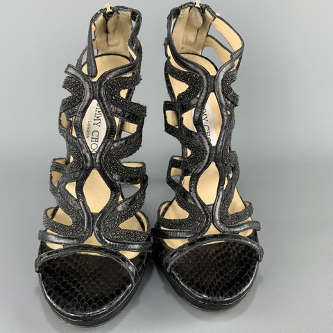 JIMMY CHOO Talla 7 Sandalias de tiras de cuero con purpurina y piel de serpiente negra