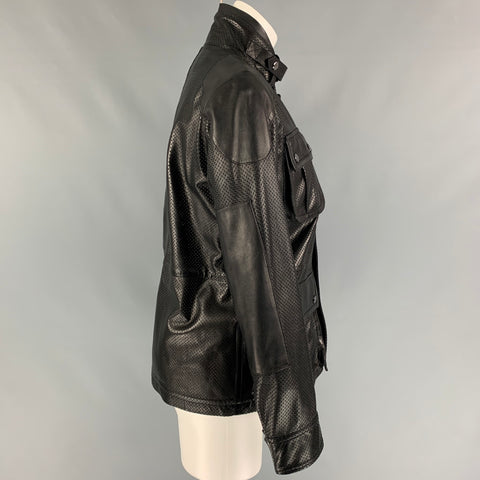 RALPH LAUREN Black Label Talla 2 Chaqueta de piel de cordero perforada de cuero negro