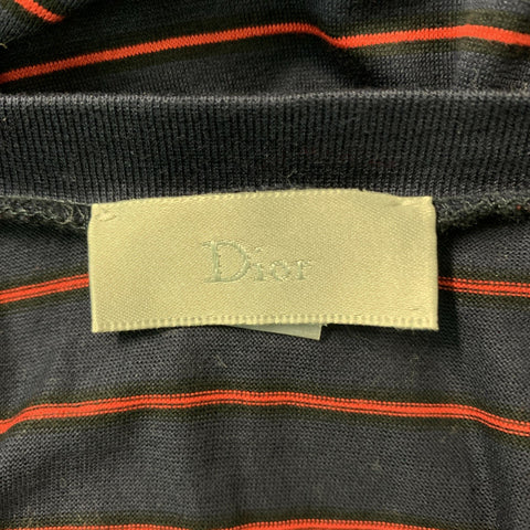 DIOR Size S Navy & Red Stripe Cotton V-Neck T-shirt