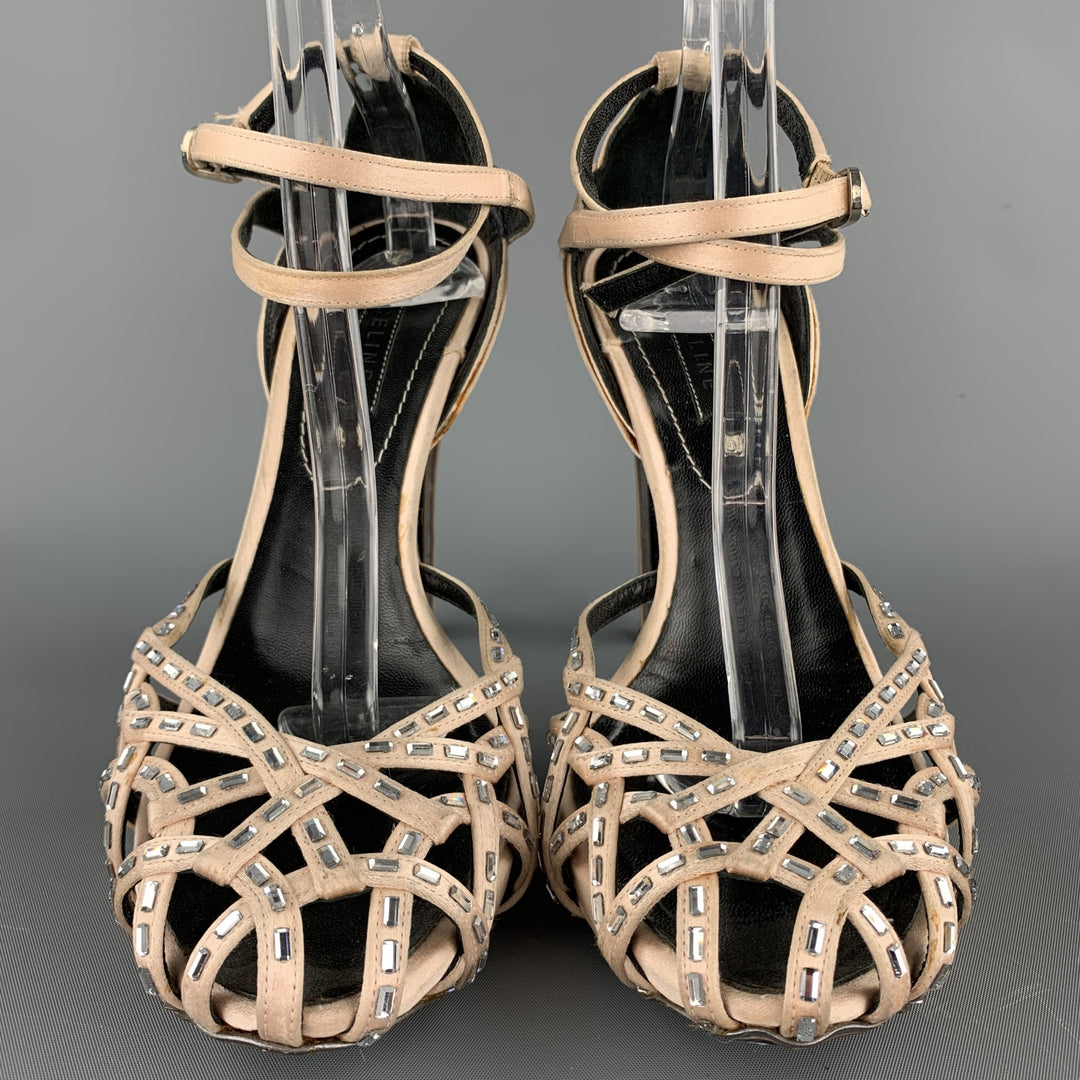 CELINE Zapatos de tacón con correa en el tobillo de seda con adornos de cristal rosa talla 6.5